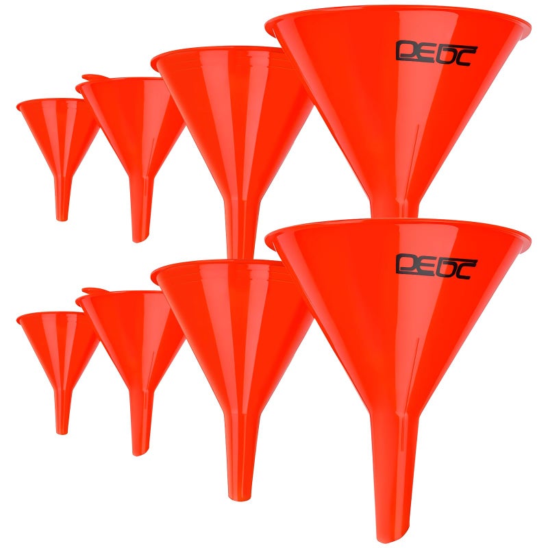 DEDC Oil Funnels, Plastic Gas Funnels Set for Car, Automotive, Kitchen, Mini Small Large Red (8pcs) - Image 1